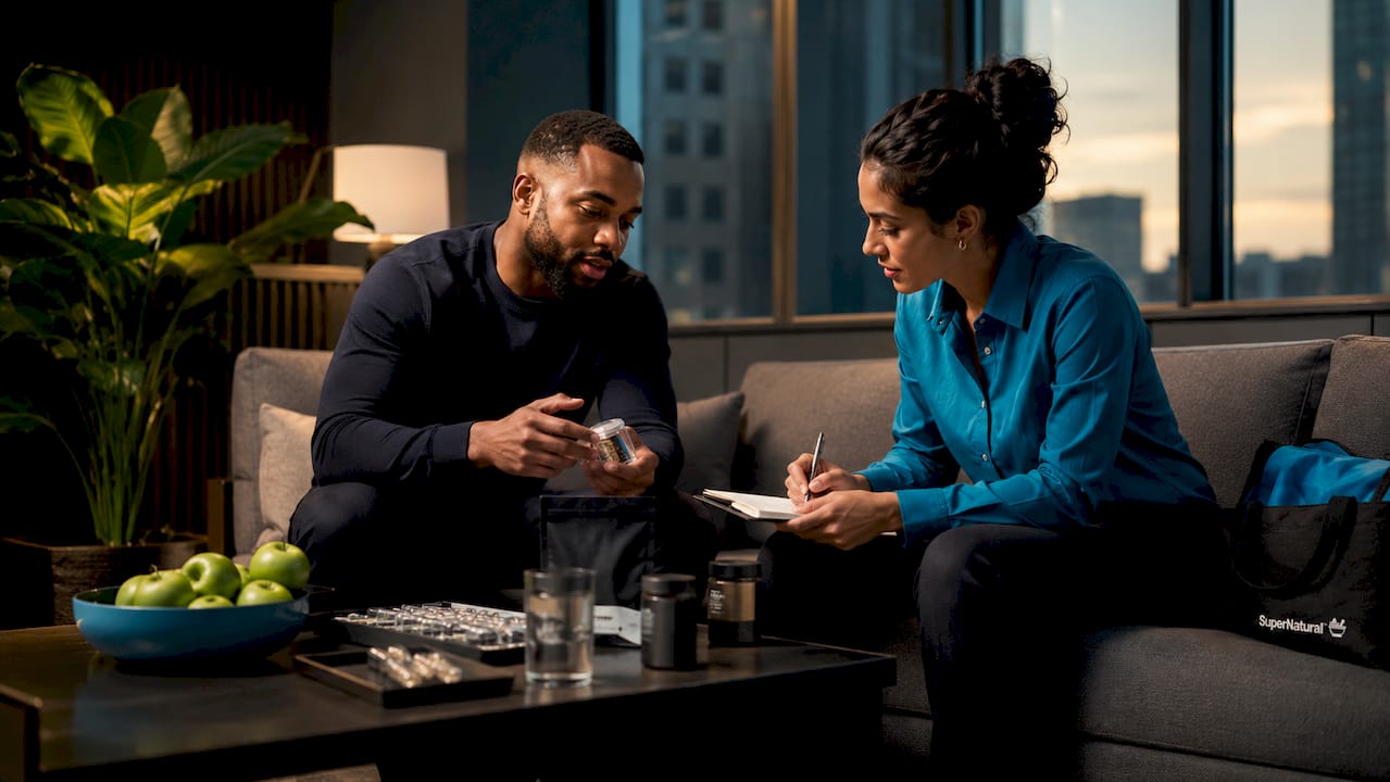 Two professionals discussing supplement samples