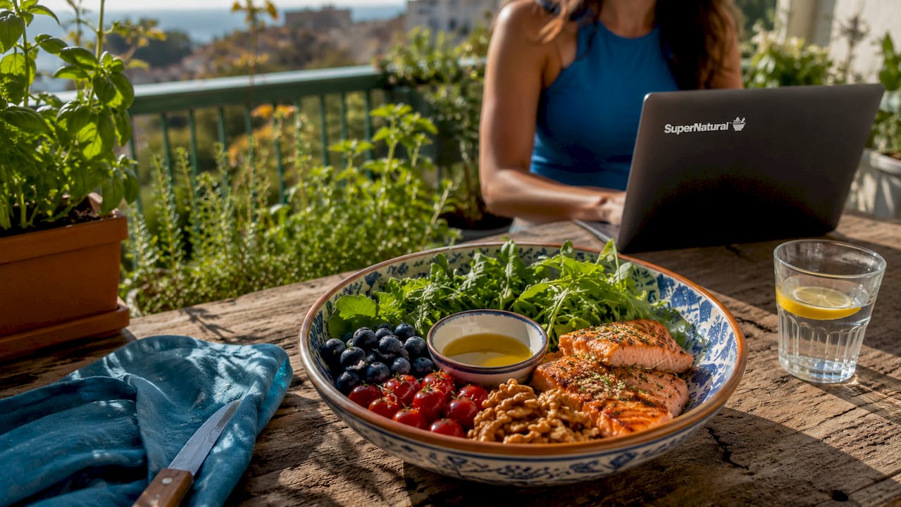 Top-down view of brain-healthy Mediterranean foods