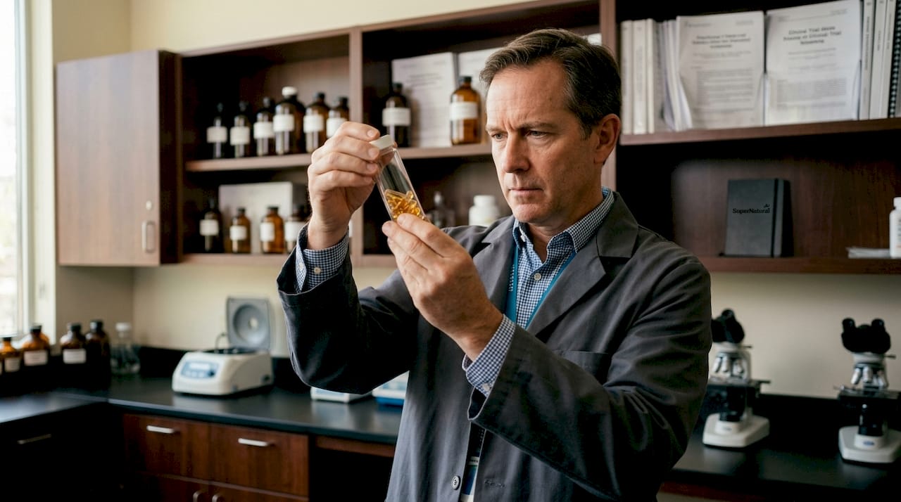 Scientist holding phosphatidylserine supplement vial
