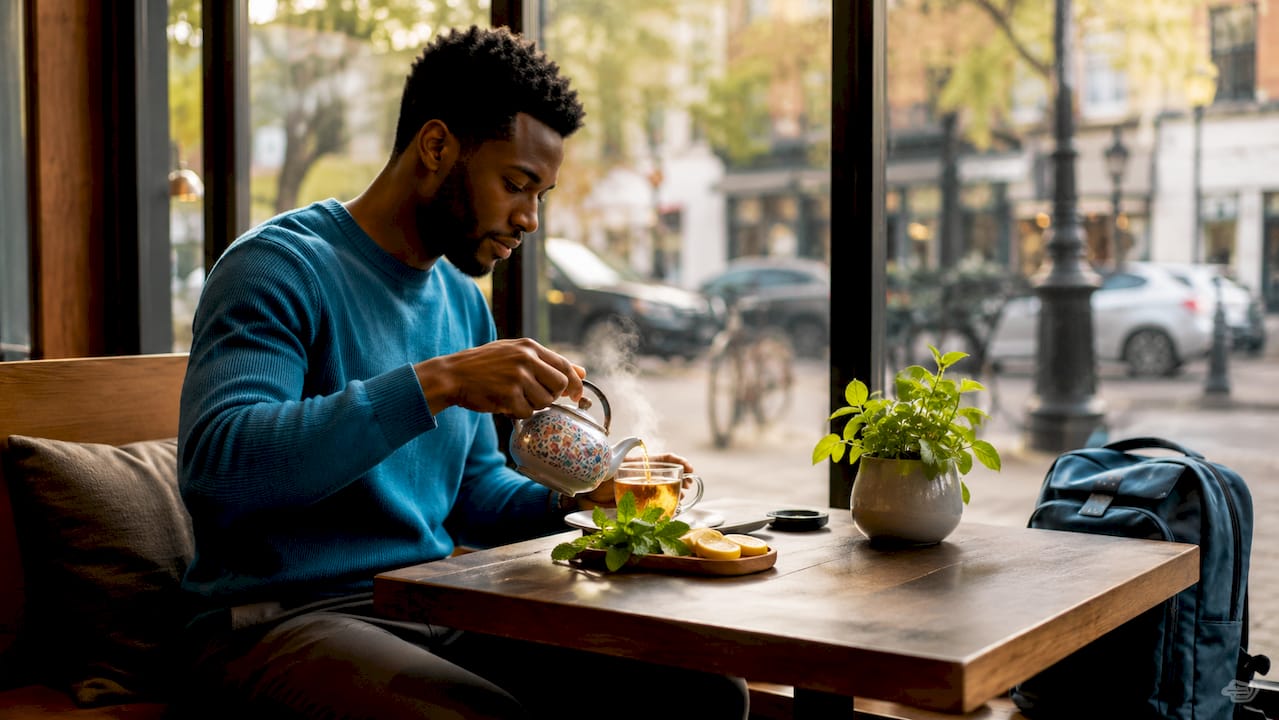 Man preparing herbal tea at home desk