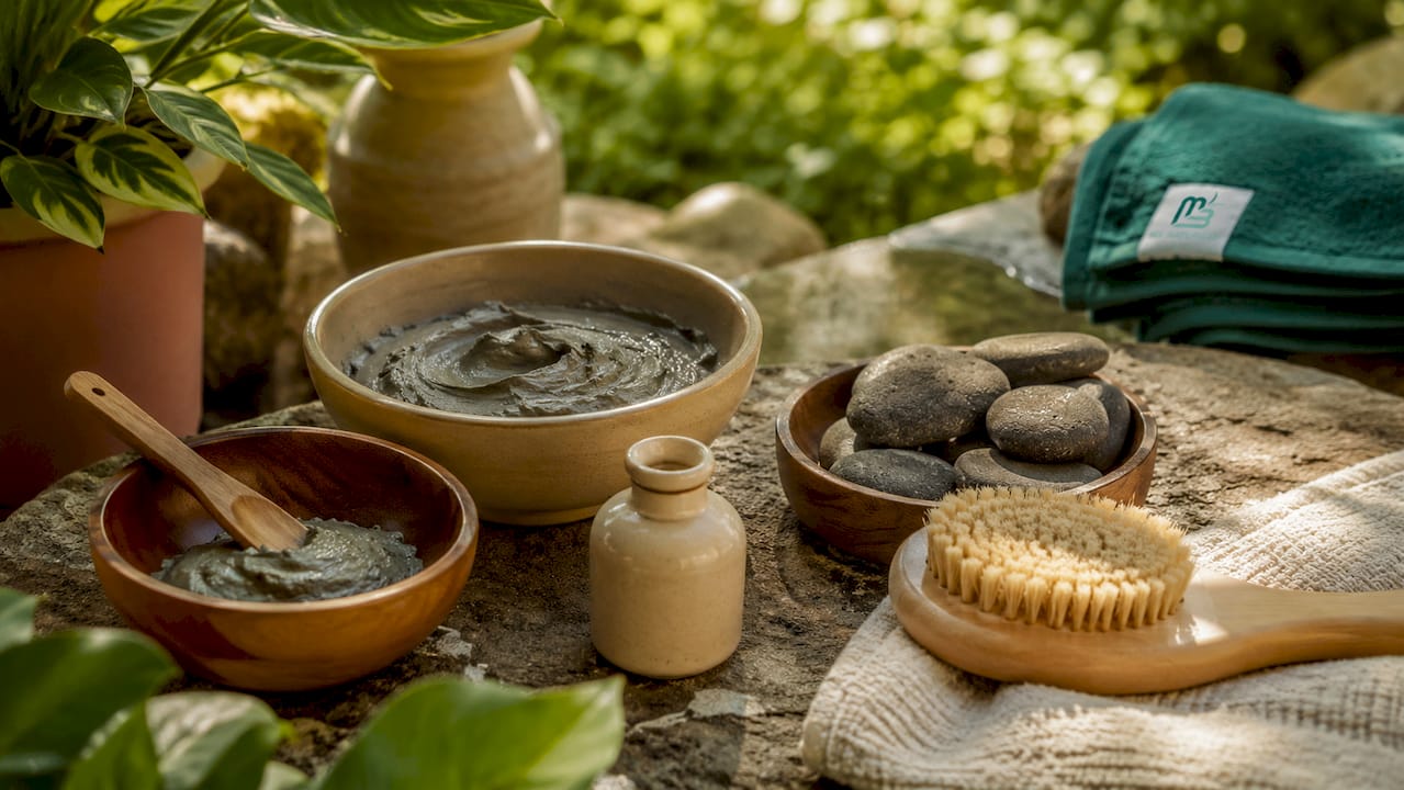 Spa treatment ingredients and tools on wooden table
