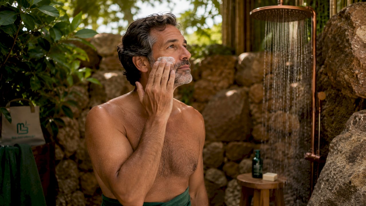 Man massaging moisturizer into skin