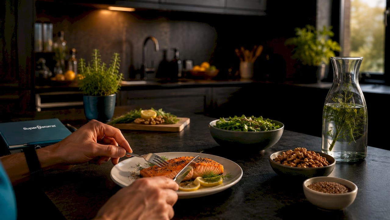Overhead view of omega-3 rich meal on table