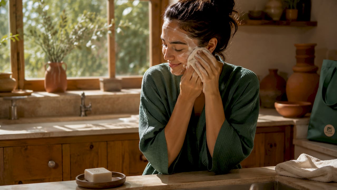 Hands cleansing face with foam and cloth