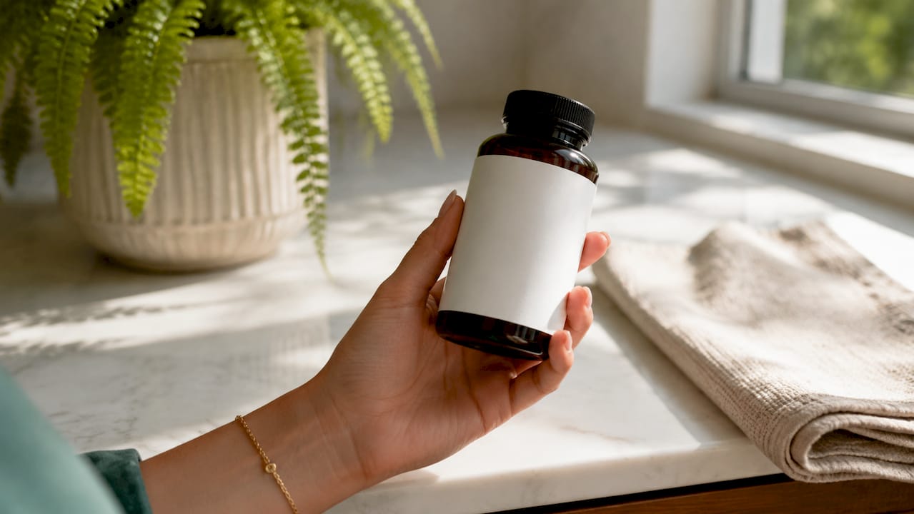 Hand holding omega-3 supplement bottle on bathroom counter