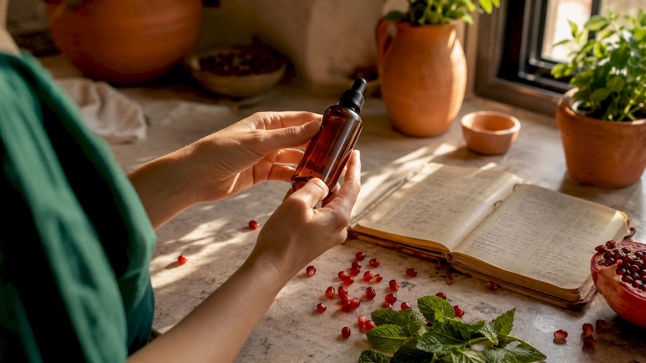 Hands reading botanical ingredient label on skincare bottle