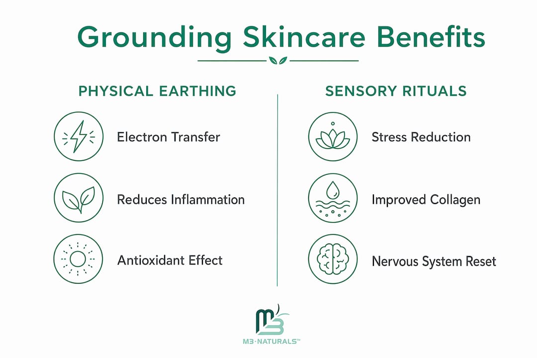 Infographic illustrating benefits of grounding skincare physical earthing and sensory rituals