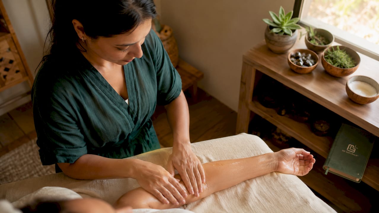 Professional massaging coconut oil on forearm