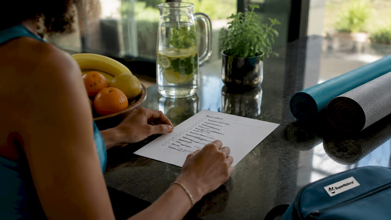 Hands near healthy habits list with fresh vegetables