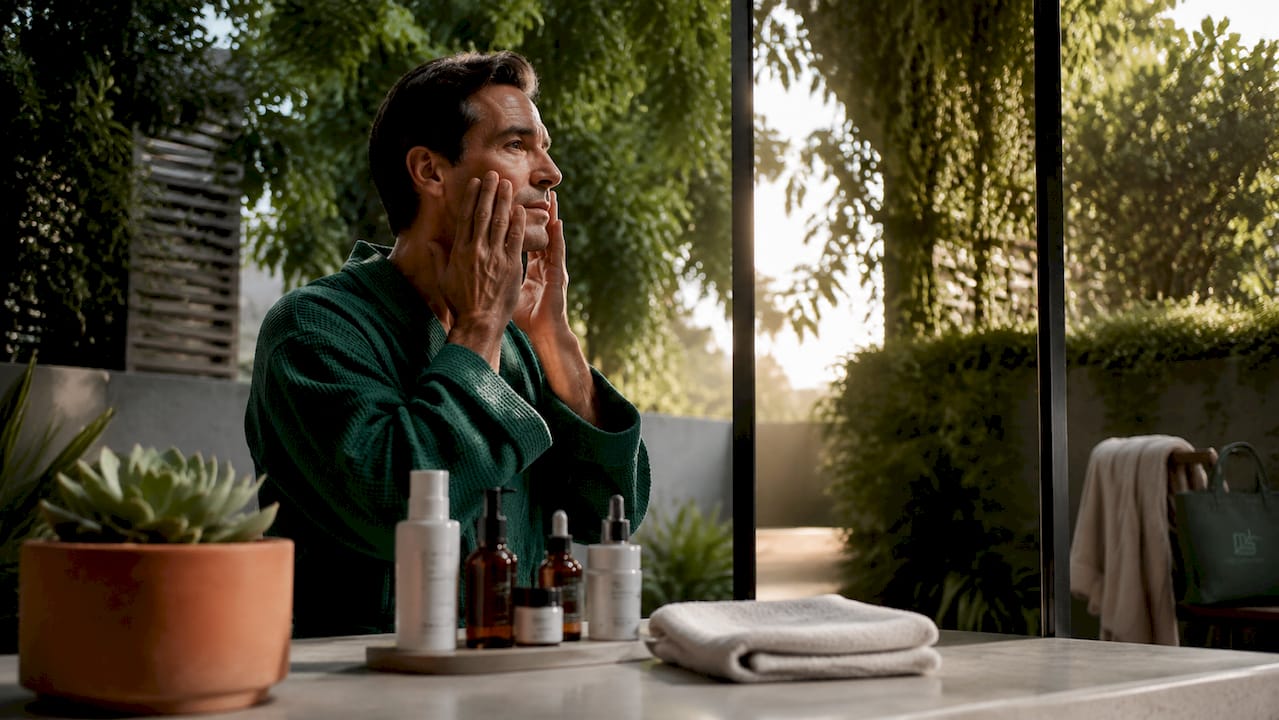 Man applying serum during morning skincare routine