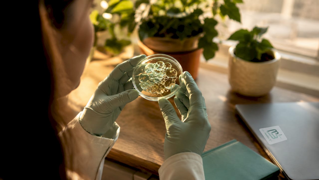 Hands holding petri dish with nanoparticles