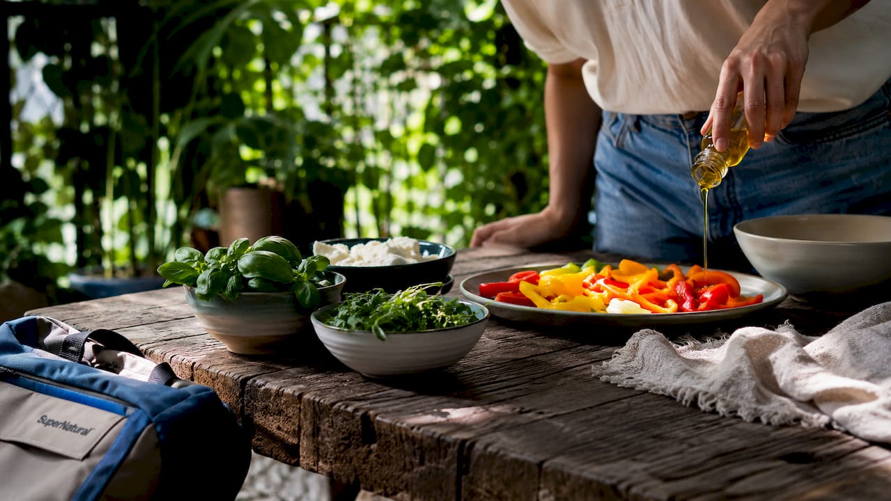 Close-up of synergistic food pairings on dining table