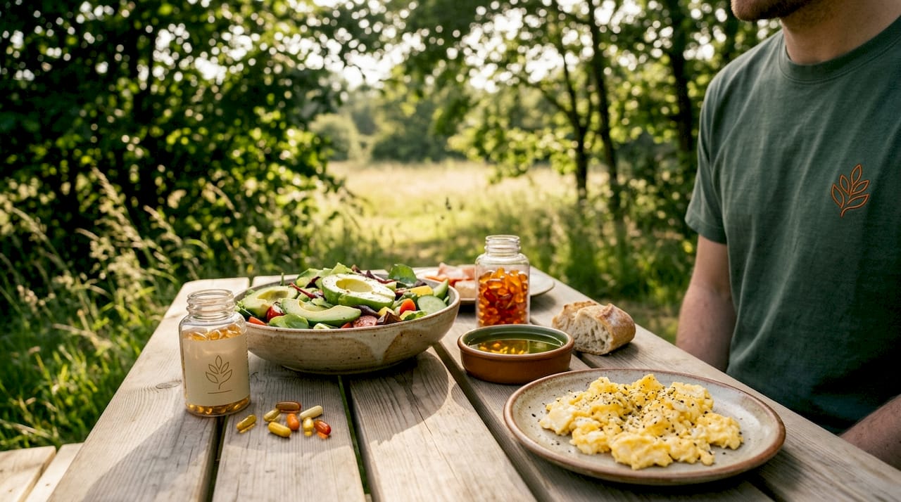 Fat-containing foods with vitamin supplements on table