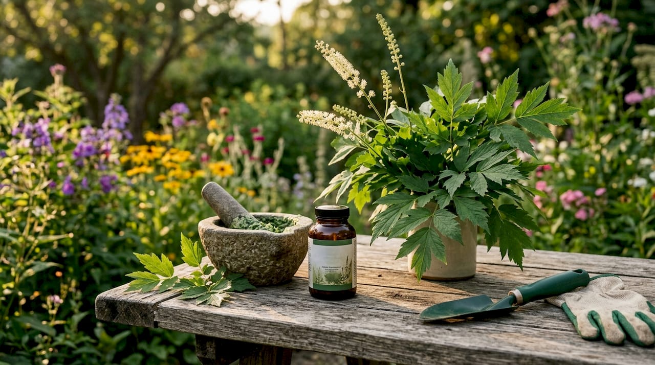 Black Cohosh supplement bottle with plant leaves