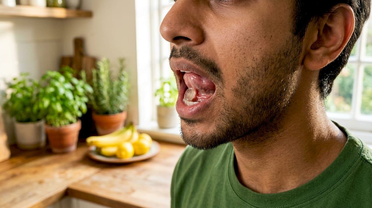 Close-up of tablet dissolving under tongue