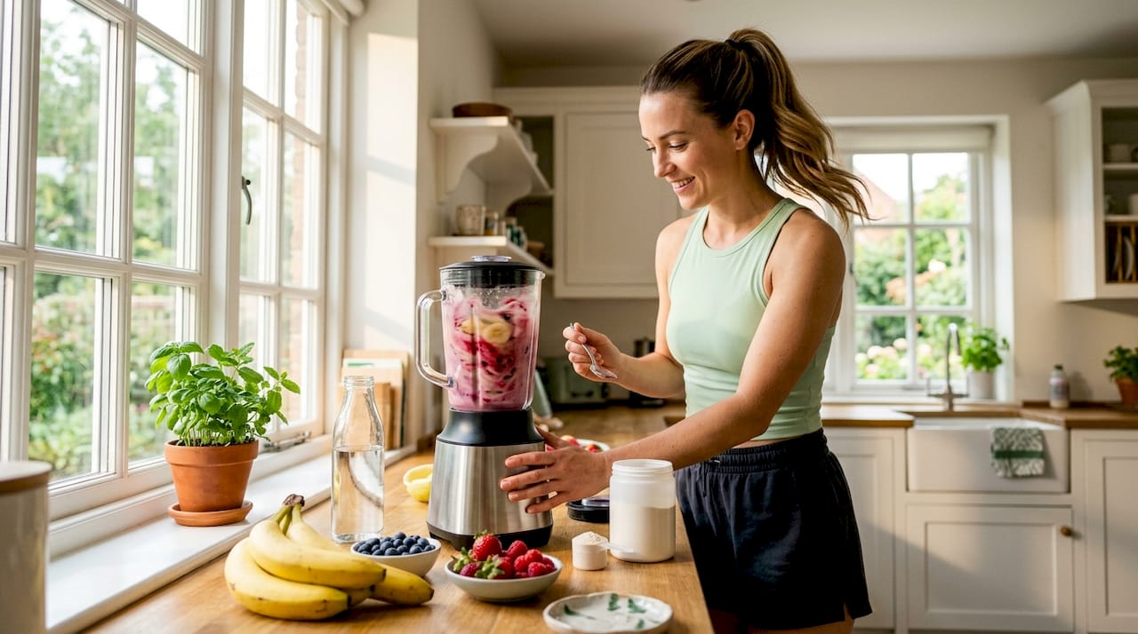 Hands preparing whey protein shake in kitchen