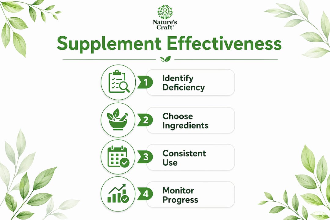Infographic illustrating key steps for supplement effectiveness