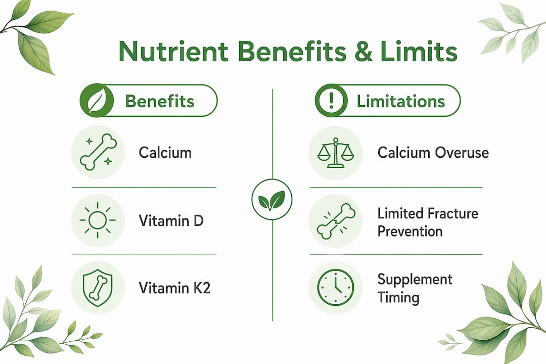 Infographic comparing benefits and limitations of bone nutrients