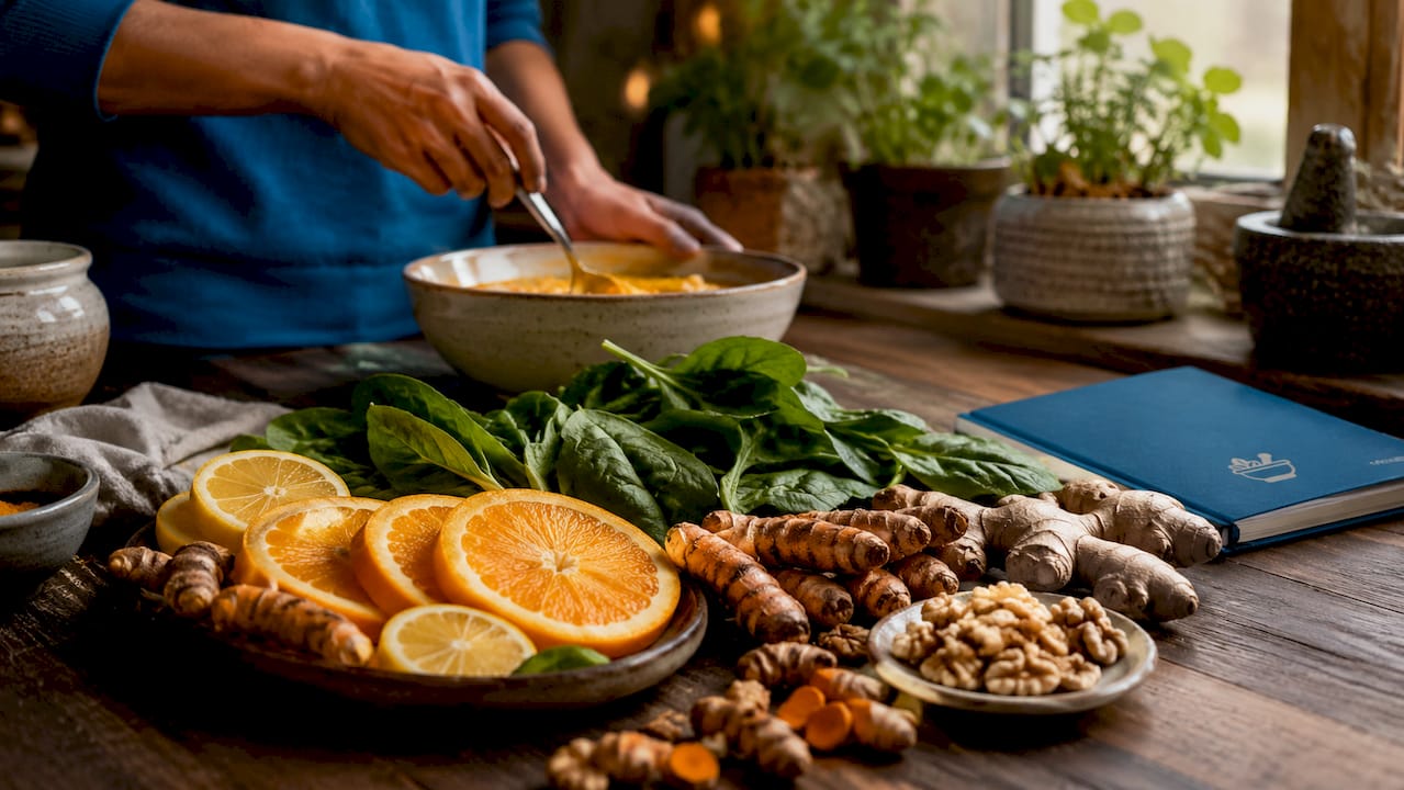 Overhead of immune-boosting superfoods on cutting board