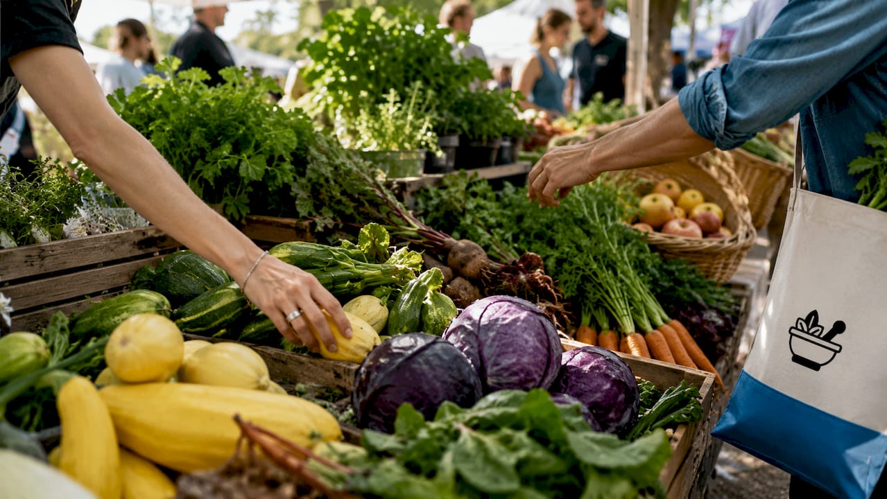 Hands selecting diverse fresh vegetables