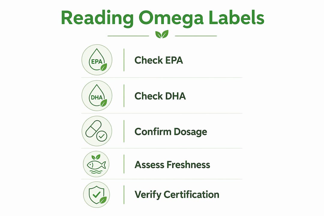 Infographic showing steps to read omega supplement labels