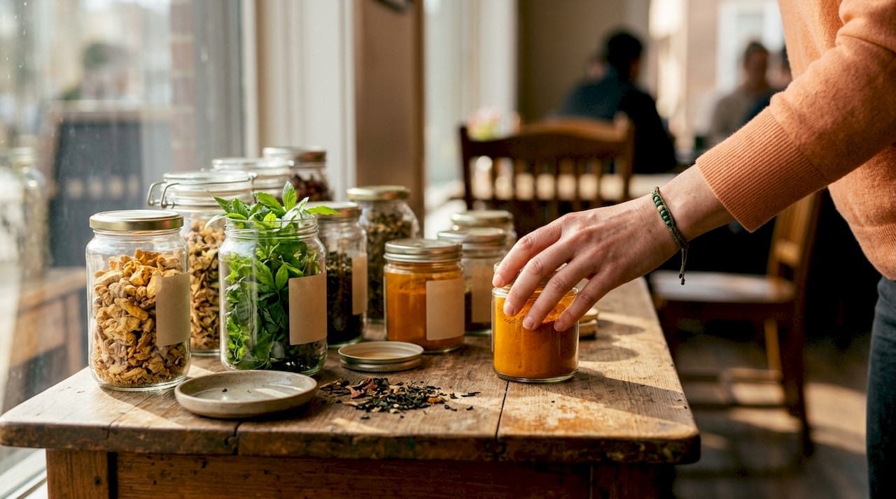 Close-up of natural supplement ingredients on shelf
