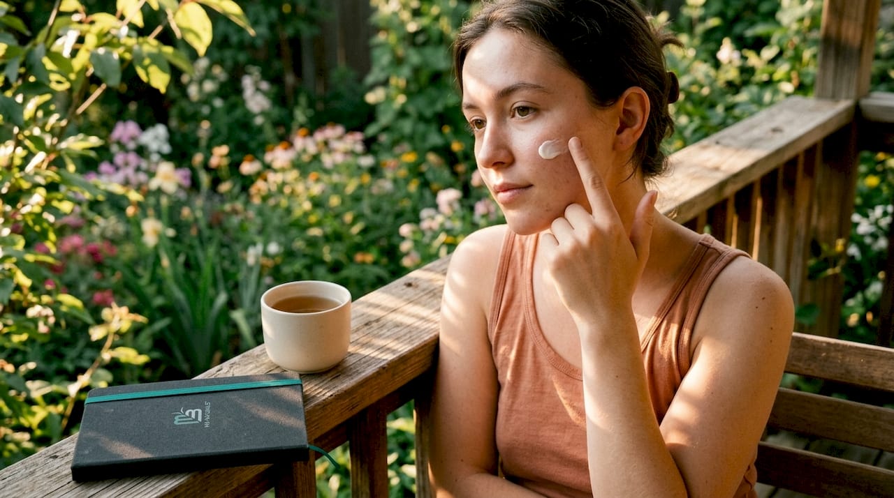 Hands applying retinoid cream to face
