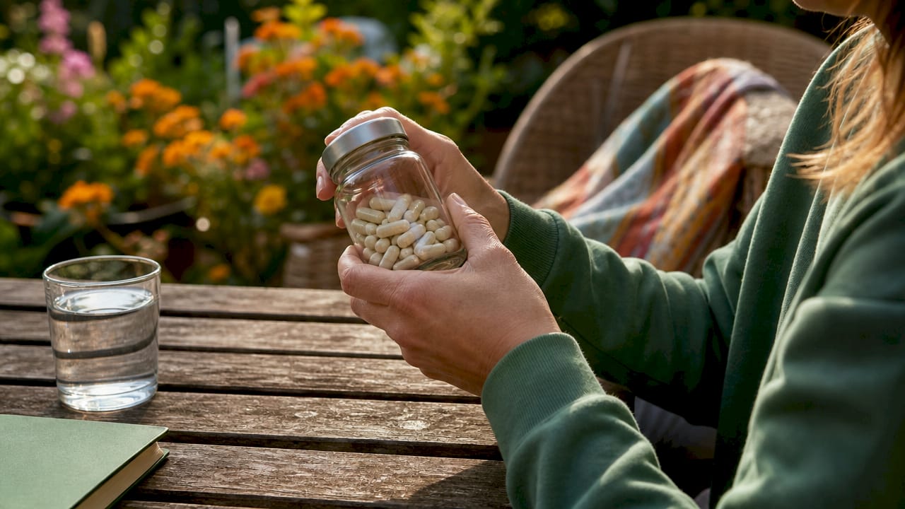 Hands holding magnesium supplement jar