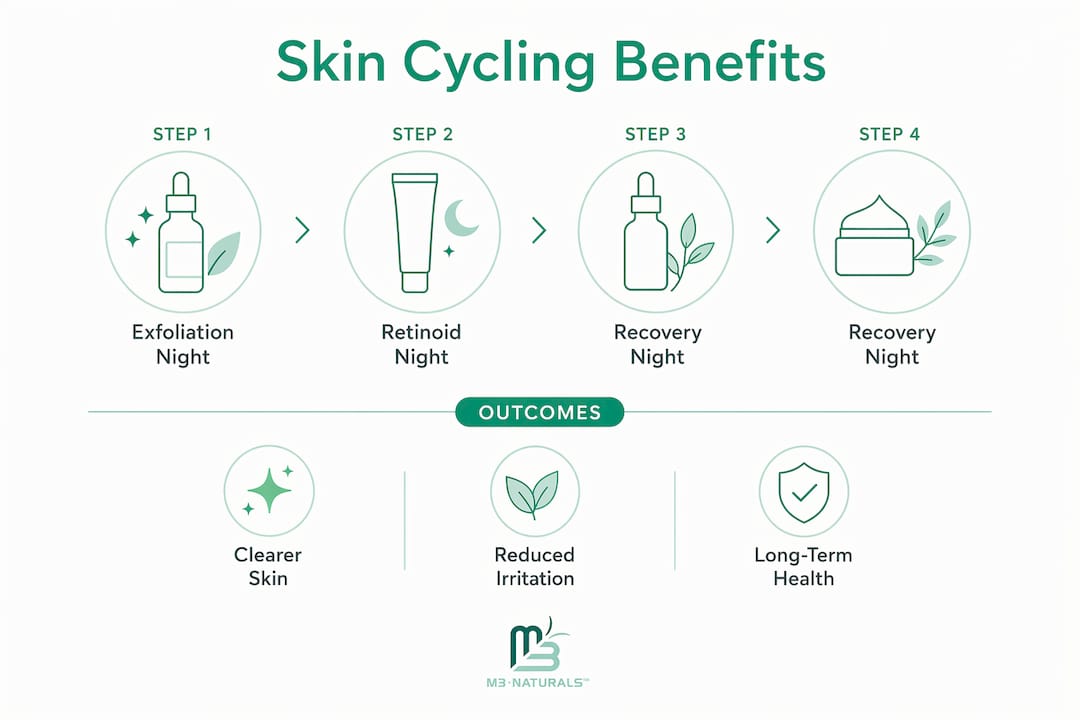 Infographic illustrating skin cycling routine steps and benefits