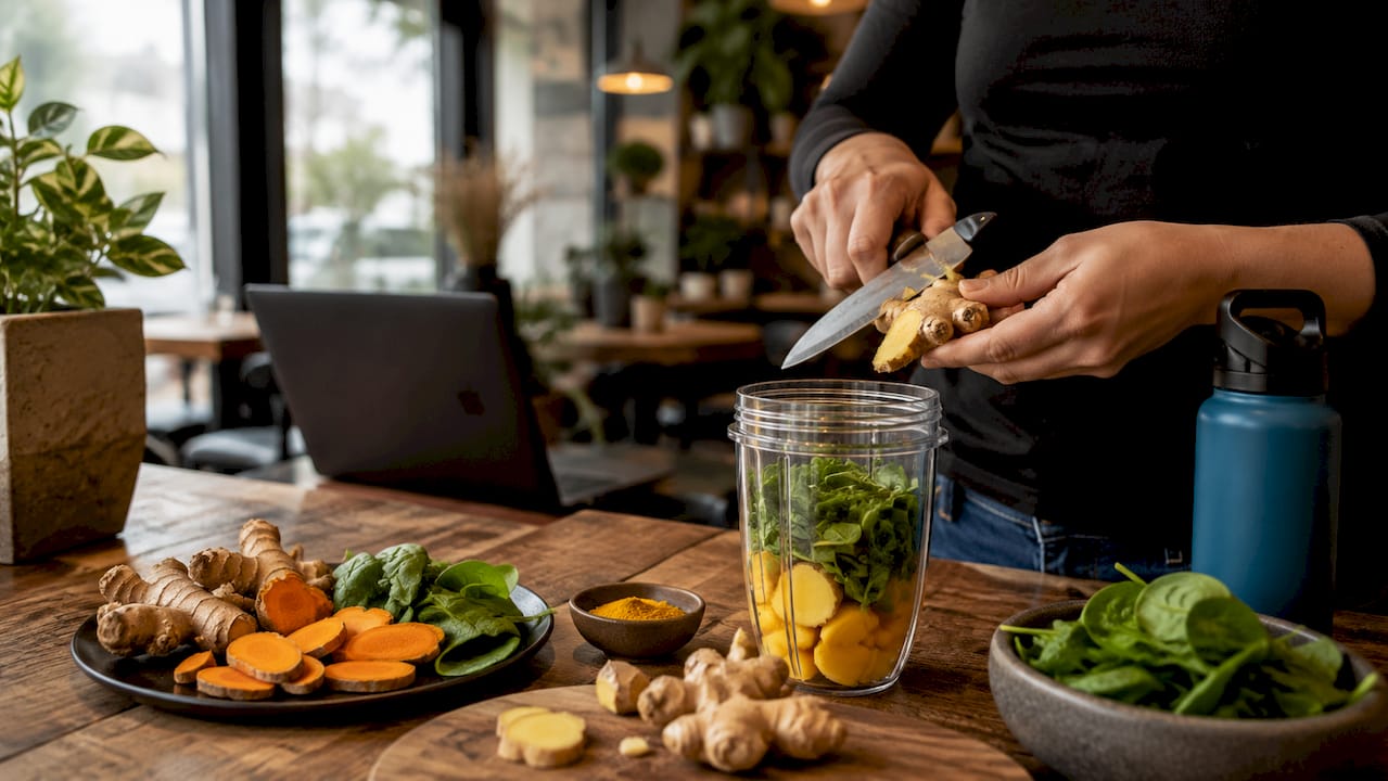 Hands preparing anti-inflammatory smoothie ingredients