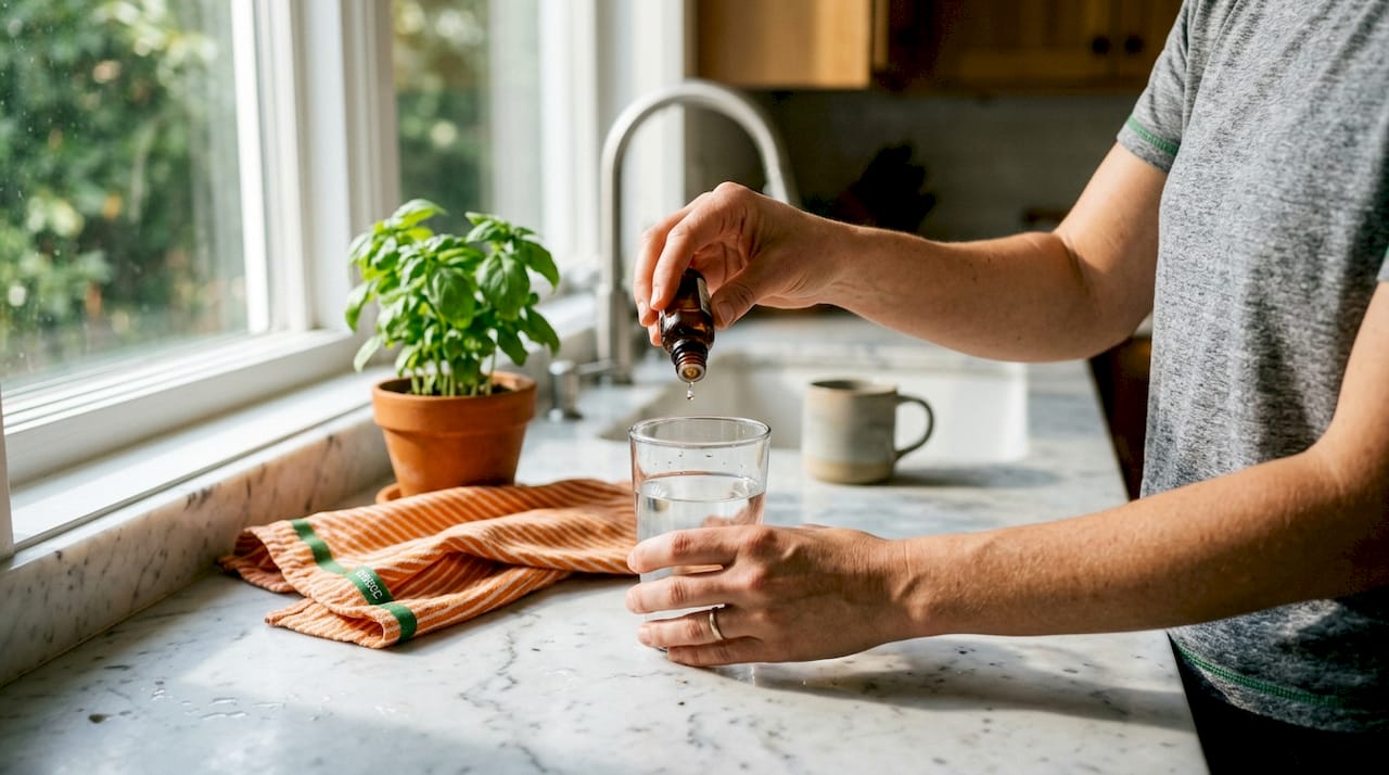 Hands dosing liquid supplement drops into water glass