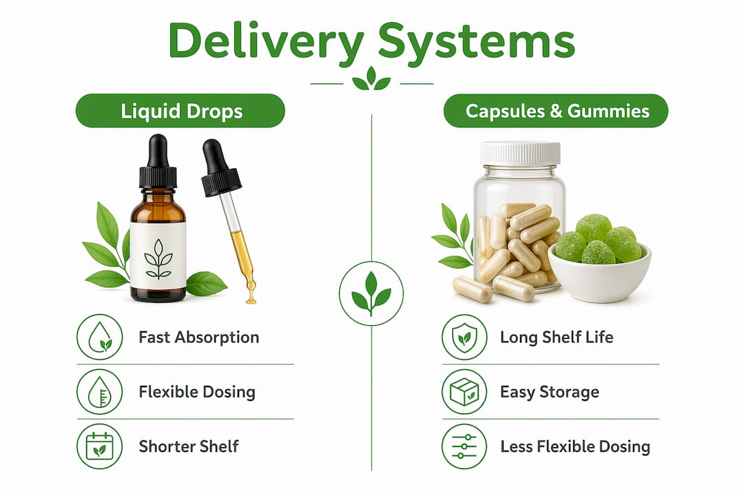 Infographic comparing liquid drops and capsule supplement delivery