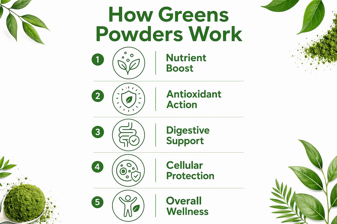 Infographic illustrating how greens powders work in body