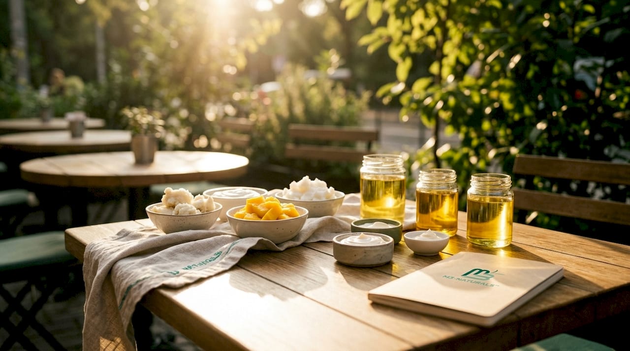 Various natural emollient butters and oils on table overhead shot