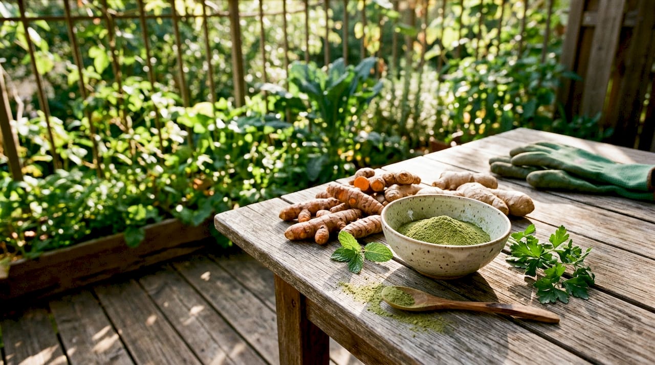 Turmeric and ginger roots with greens powder close-up
