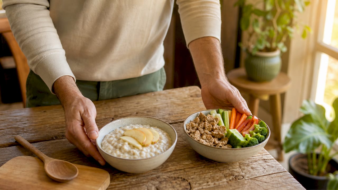 Hands arranging bowls illustrating soluble and insoluble fiber