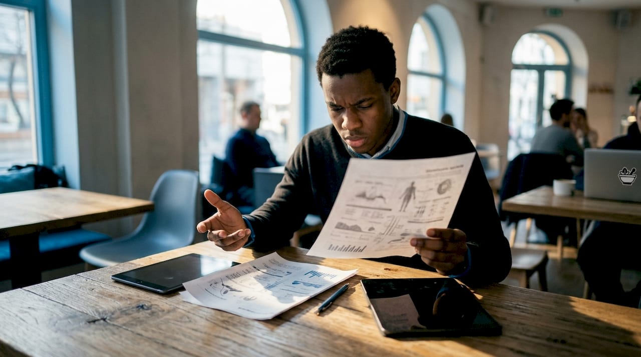 Technician analyzing health data printout at desk