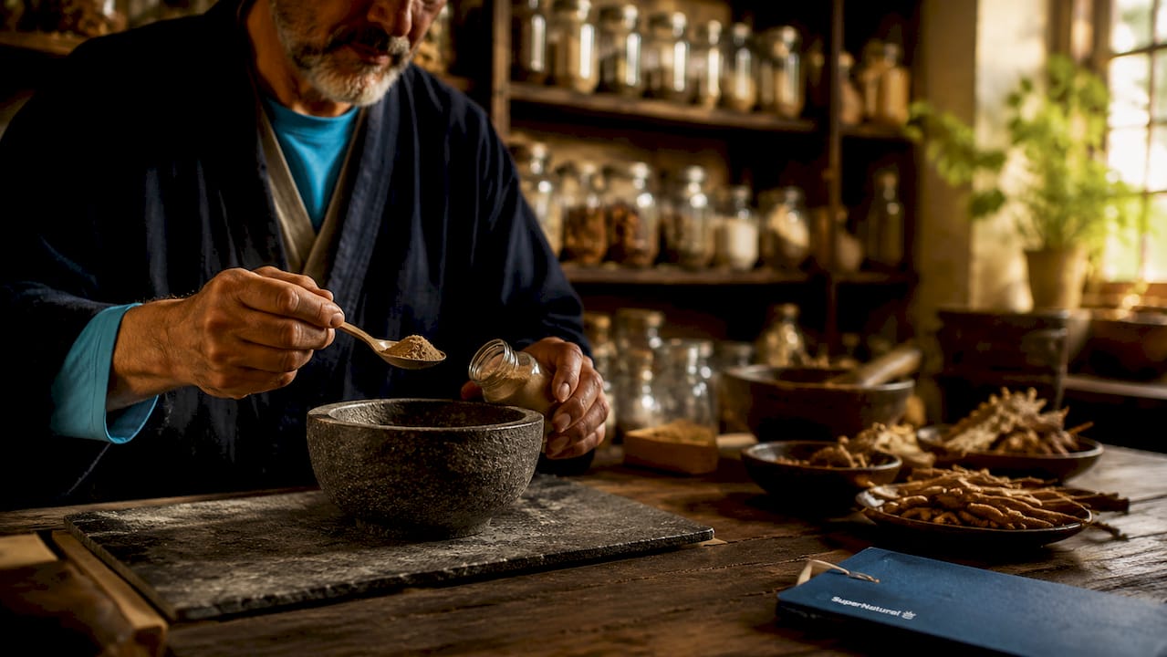 Hands holding ashwagandha powder in herbal apothecary
