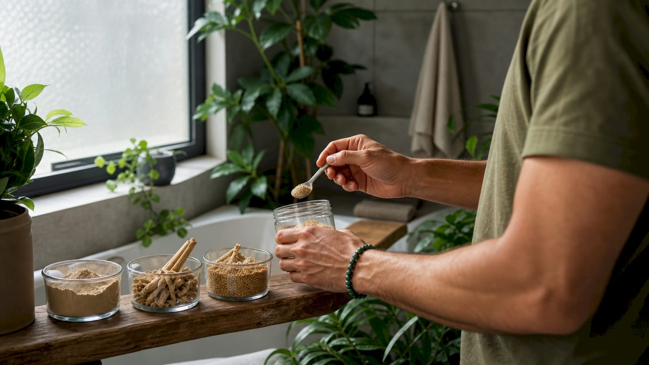 Hands measuring herbal supplements on wooden table