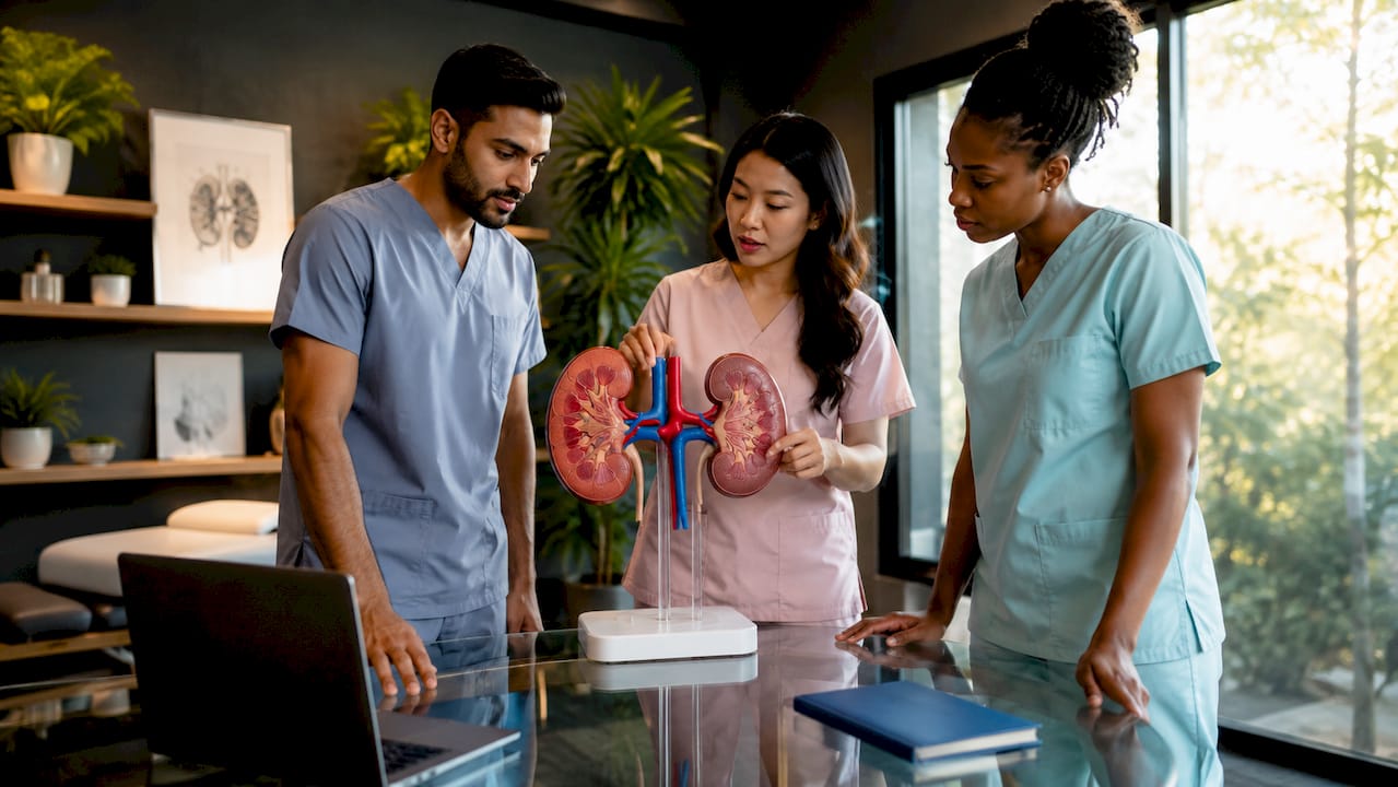 Hands holding model of kidneys in clinic