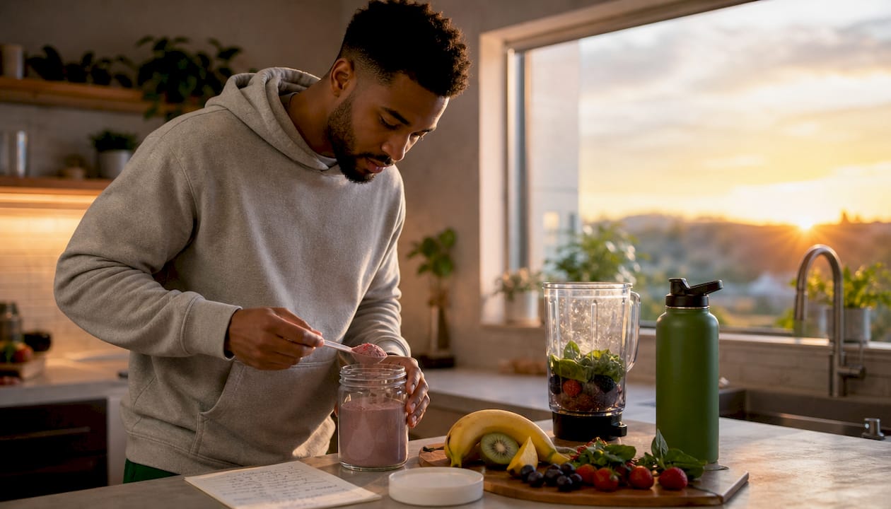 Man preparing supplement smoothie in kitchen