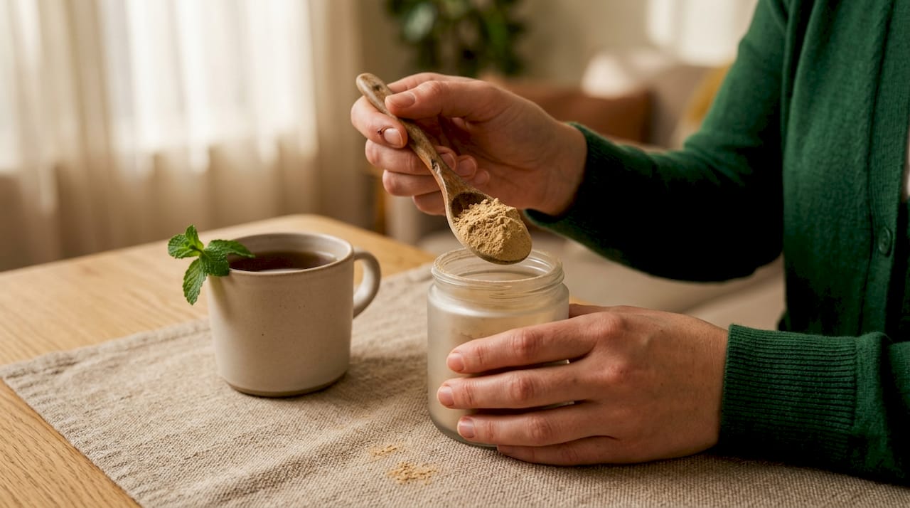 Hands preparing ashwagandha supplement powder