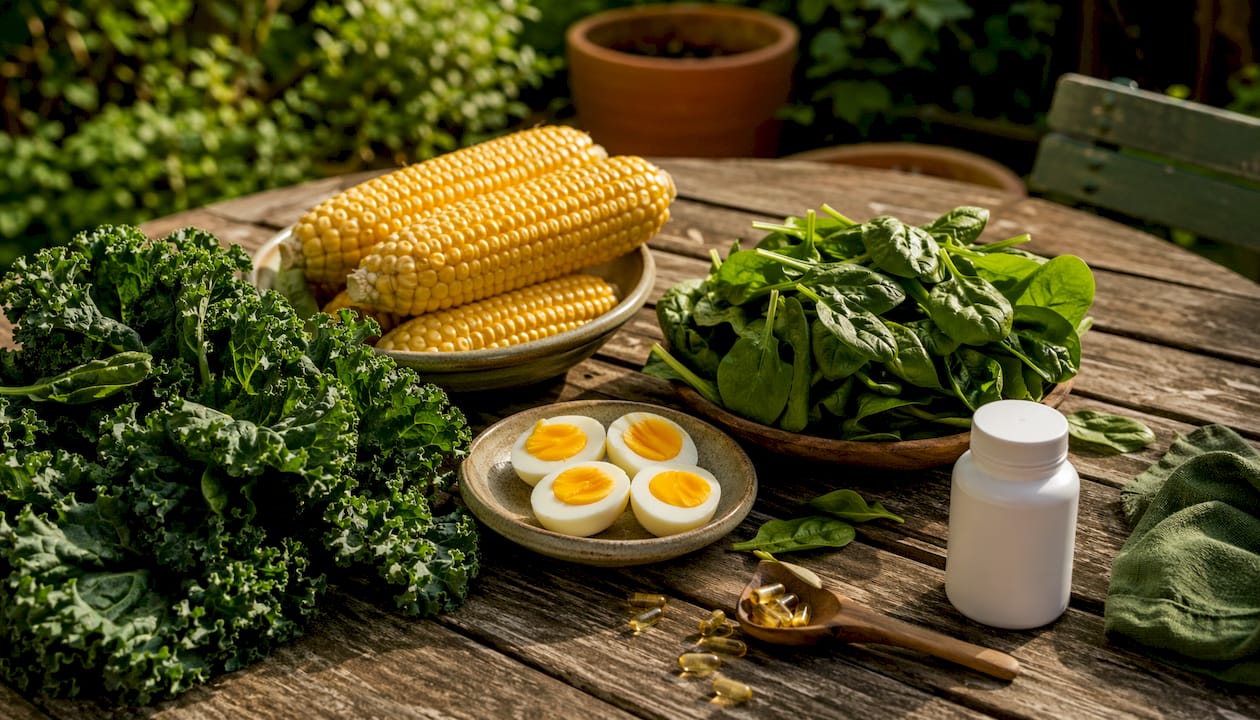 Close-up of lutein, zeaxanthin foods and supplements