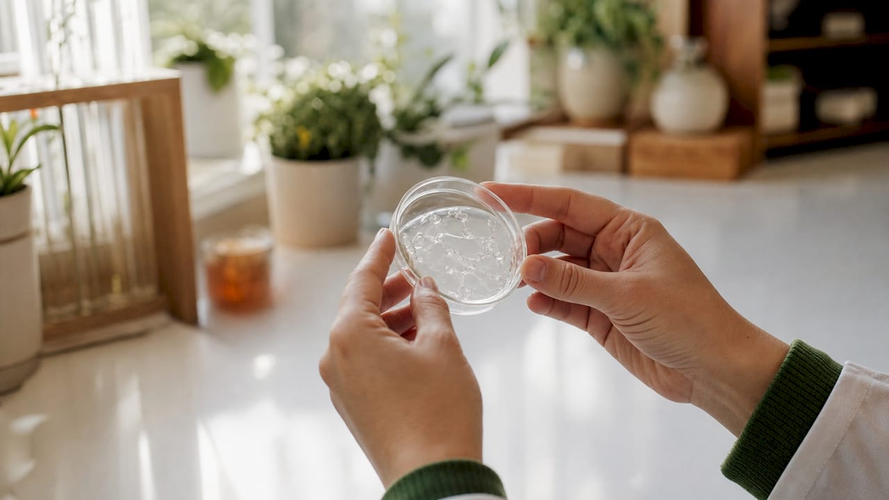 Hands holding collagen sample in laboratory setting