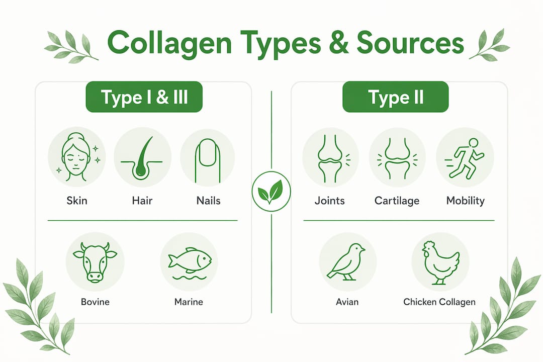 Infographic comparing types and sources of collagen