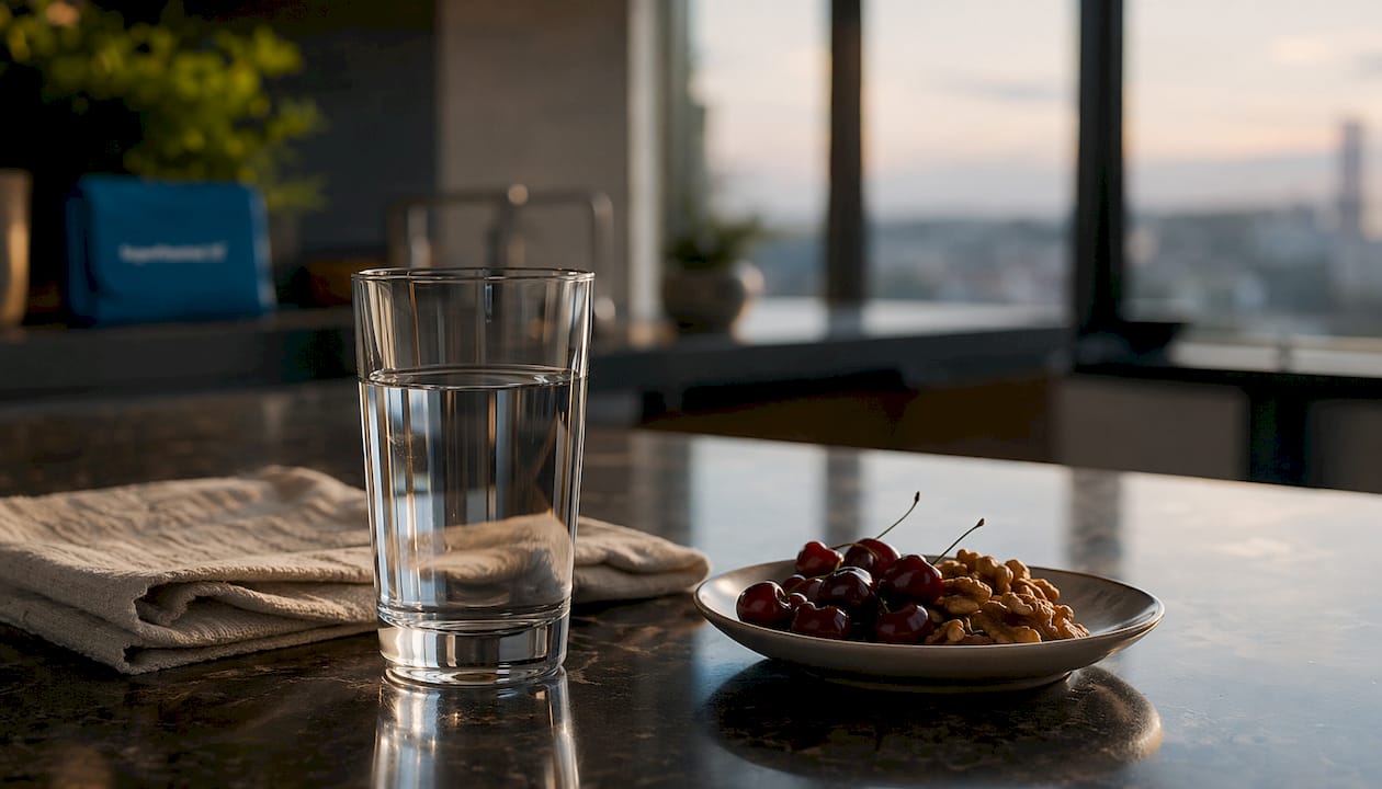 Glass of water with kidney-supporting foods