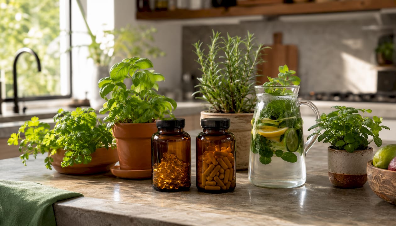 Omega-3 and curcumin supplement bottles on pantry shelf