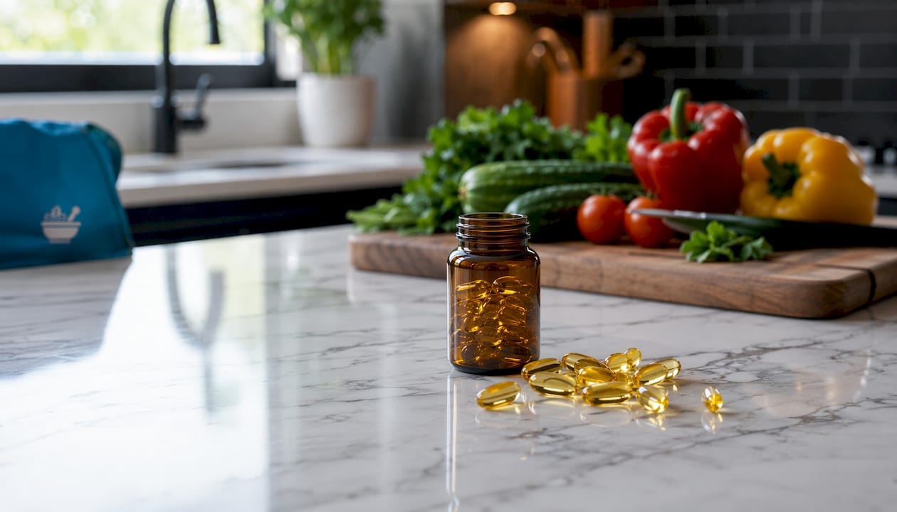 Omega-3 capsules spilled from bottle with fish and greens