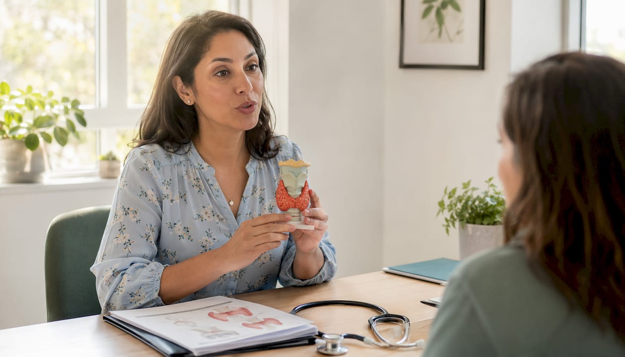 Endocrinologist holding thyroid gland model