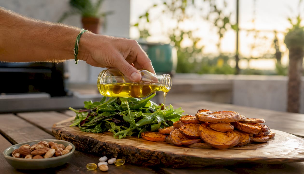 Hand adding oil to vegetables for vitamin absorption